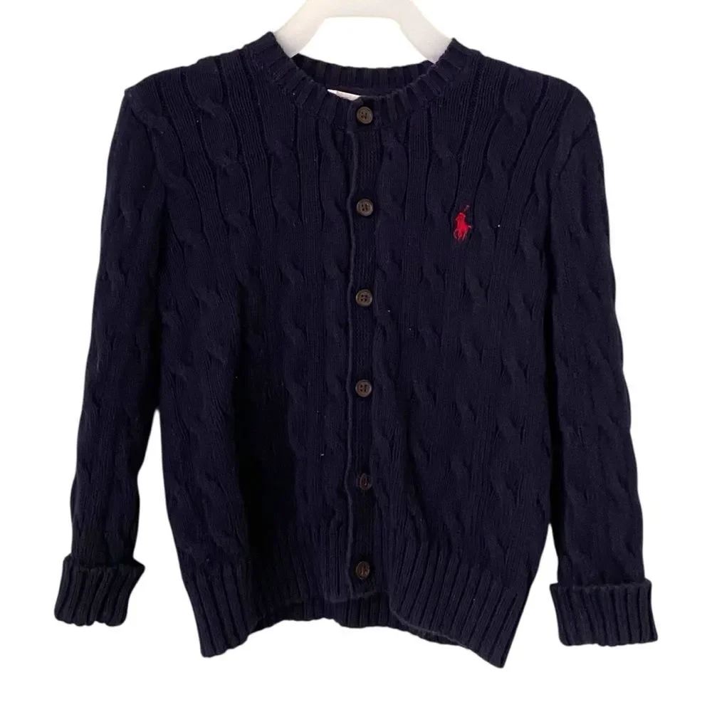 Ralph Lauren Dark Blue Knit Cotton V-Neck Cardigan Sweater in Size 24M